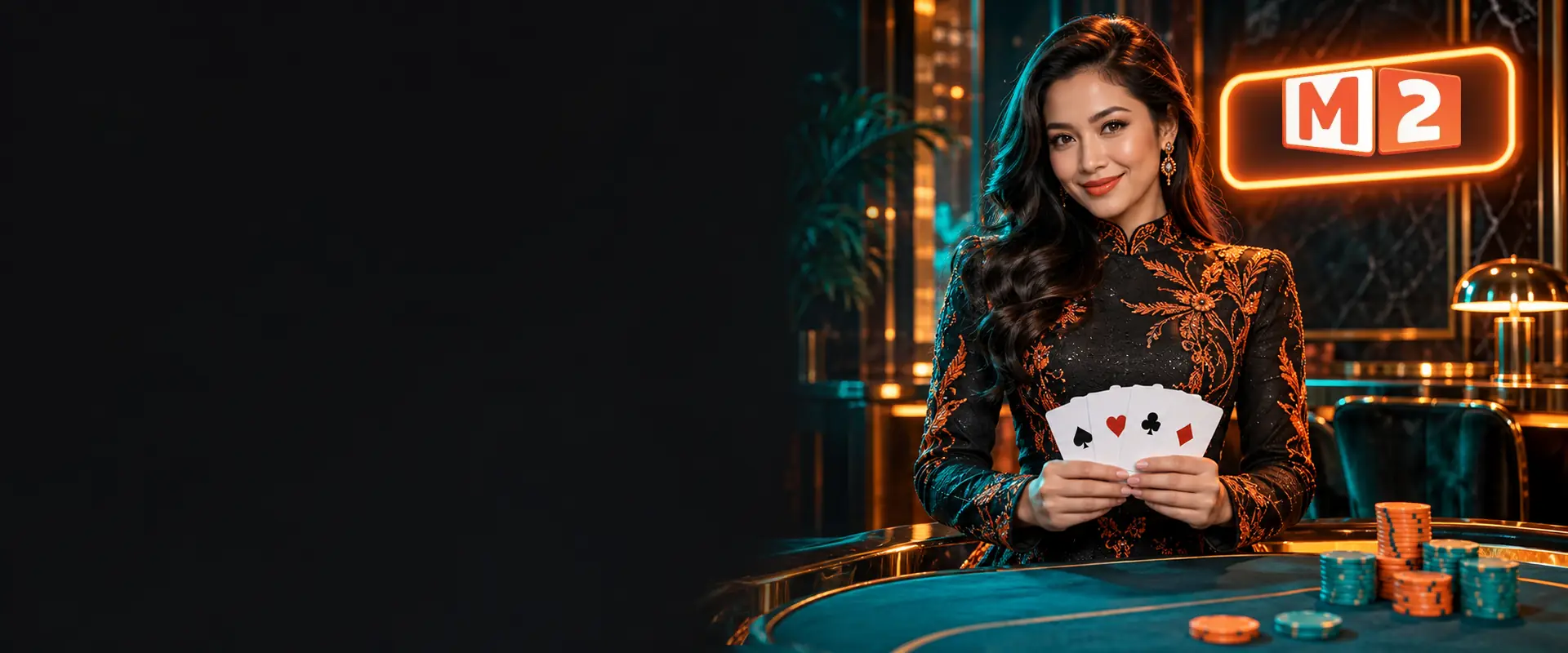 M2WIN hostess holding playing cards at a casino table